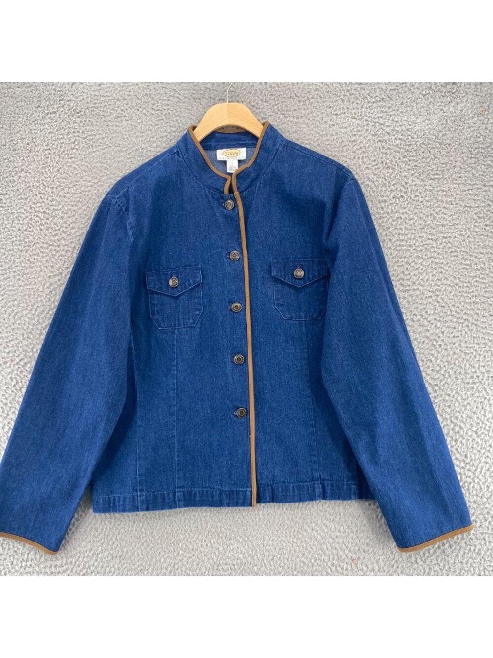 Talbots Jacket Womens Large Petites Blue Denim Vintage Mandarin Collar Pockets
